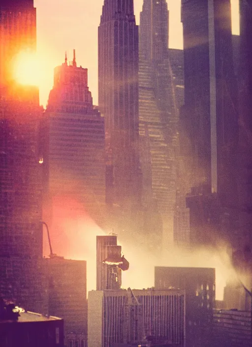 Image similar to a 3 5 mm photo of an alien spaceship destroying new york city, bokeh, canon 5 0 mm, cinematic lighting, dramatic, film, photography, golden hour, depth of field, award - winning, 3 5 mm film grain