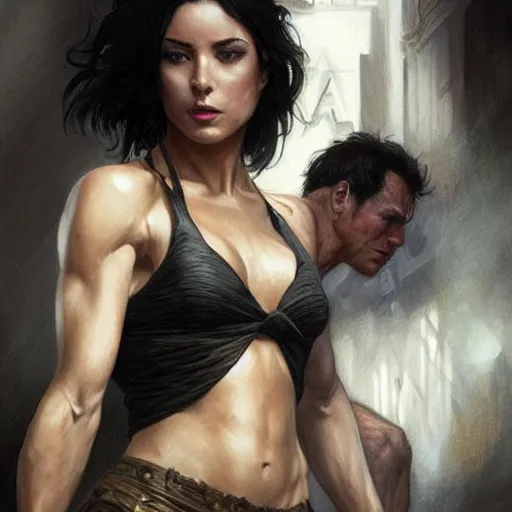 Prompt: woman punching man, a black haired woman in a black tank top, muscular upper body, abs, d & d, fantasy, intricate, elegant, highly detailed, digital painting, artstation, concept art, smooth, sharp focus, illustration, art by artgerm and greg rutkowski and alphonse mucha