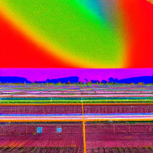 Prompt: psychedelic rainbow colored concentration camp