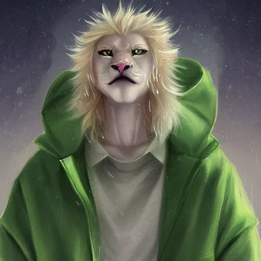 Prompt: aesthetic portrait commission of a albino male furry anthro lion in a rainy utopian city while wearing a cute green jacket cozy soft pastel winter outfit with pearls on it, rainy atmosphere. character design by charlie bowater, ross tran, artgerm, and makoto shinkai, detailed, inked, western comic book art, 2 0 2 1 award winning painting