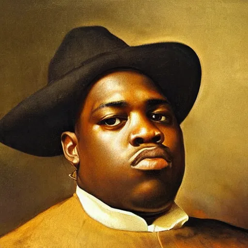 Prompt: half body shot, classic oil painting portrait of the notorious b. i. g. painted by jan lievens, rembrandt, dutch masters, hyper detailed,