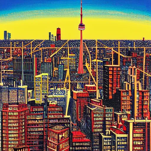 Image similar to landscape of Toronto skyline by Shepard Fairey, concept art, photo realistic, high resolution, contrast, colorful