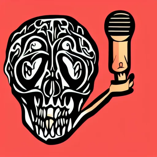 Image similar to dark death metal themed vector illustration for a record label, trees. forest, spikes, skull, microphone, skull, award winning, grunge, iconic, golden ratio