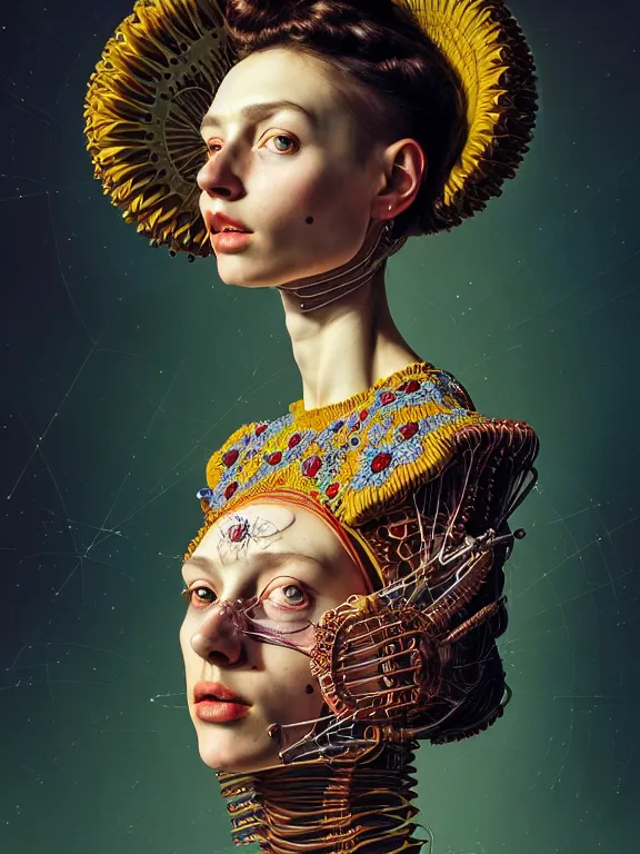 Image similar to colour caravaggio style photography of highly detailed beautiful woman with 1 0 0 0 years perfect face and wearing detailed ukrainian folk costume designed by taras shevchenko also wearing highly detailed retrofuturistic sci - fi neural interface designed by josan gonzalez. many details in style of josan gonzalez and mike winkelmann and andgreg rutkowski and alphonse muchaand