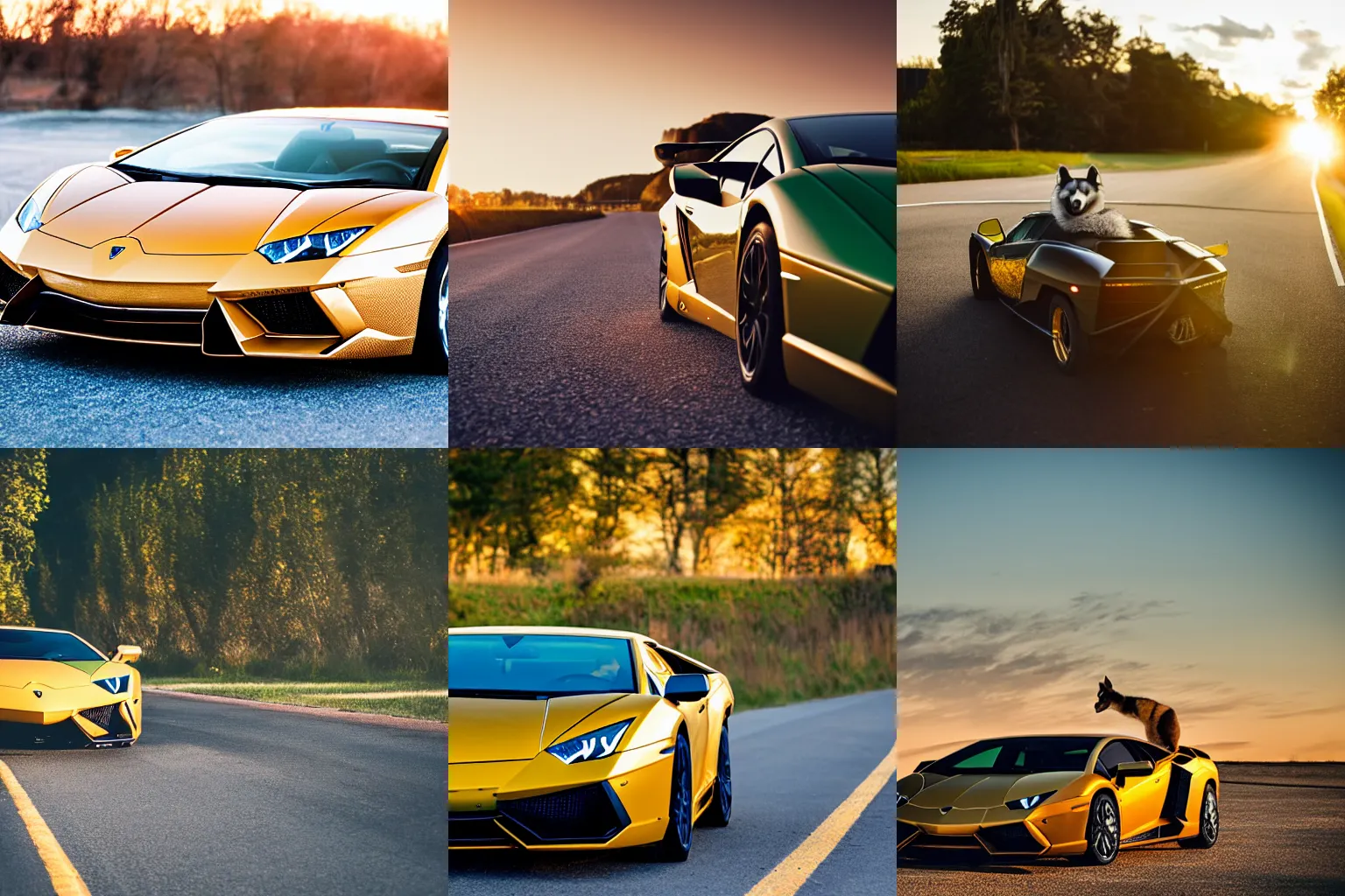 Prompt: a professional photography husky dog driving a Lamborghini, golden hour