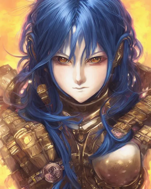 Image similar to An anime portrait of a beautiful D&D half-orc female with long wavy dark blue hair, bright orange eyes, intricate full body armour, fantasy soldier, by Stanley Artgerm Lau, WLOP, Rossdraws, James Jean, Andrei Riabovitchev, Marc Simonetti, and Sakimichan, highly detailed, ultra detailed, golden hour, trending on artstation, cgstudio