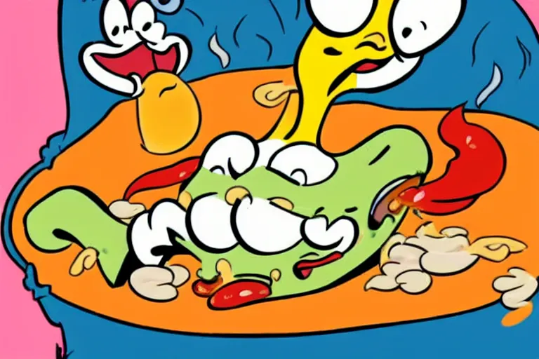 Image similar to spastic colon erupting hot greasy marinated cheese with jalapenos, illustrated in the style of wren and stimpy cartoons