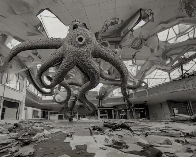 Image similar to camera footage of a extremely aggressive Giant mutated Octopus with glowing white eyes in an abandoned shopping mall, Psychic Mind flayer, Terrifying, Silhouette :7 , high exposure, dark, monochrome, camera, grainy, CCTV, security camera footage, timestamp, zoomed in, Feral, fish-eye lens, Fast, Radiation Mutated, Nightmare Fuel, Wolf, Evil, Bite, Motion Blur, horrifying, lunging at camera :4 bloody dead body, blood on floors, windows and walls :5