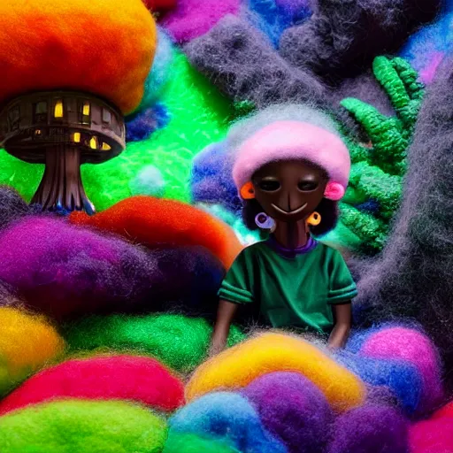Prompt: a wide angle portrait of a black boy with a colorful afro in a miniature candy forest, neon magic mushrooms with eyes by goro fujita, mark ryden and lisa frank, and thomas kinkade, felt texture, volumetric wool felting, radiant light, amigurumi, macro photography, miniature world, depth of field, breathtaking landscape, detailed environment