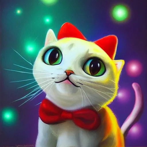 Image similar to A beautiful oil painting of a Kawaii Cat wearing a Super Mario Hat, nintendo, intricate, volumetric lighting, photorealistic, colorful, highly detailed.