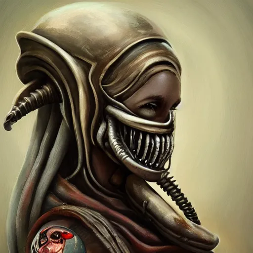 Prompt: oil painting of a xenomorph with two earrings wearing a babushka scarf trending on artstation grim gloomy dreary tired bleak cgsociety contest winner award winning intricate detailed 4 k 8 k uhd