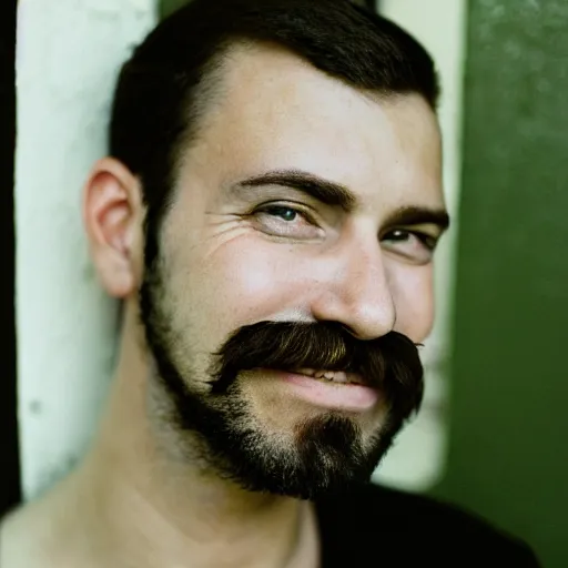 Prompt: a headshot of a happy masculine gay man with a mustache and green eyes, 35mm photo