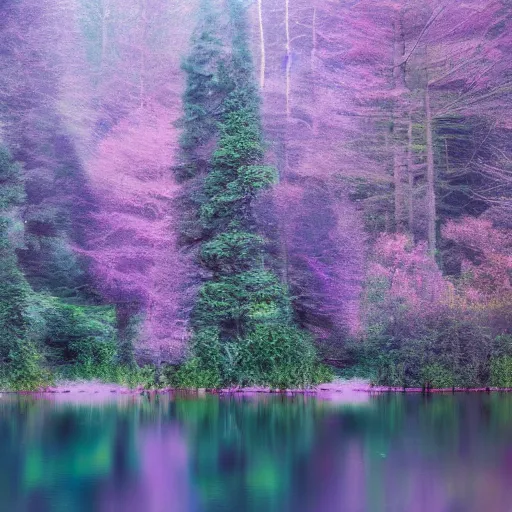 Image similar to photo of an ethereal forest with a purple fjord water full and lake, highly detailed, 4k