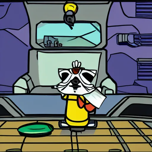 Prompt: a raccoon janitor messing with the controls on a spaceship, fantasy illustration