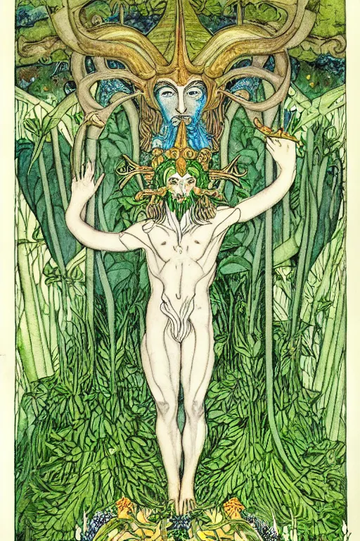 Prompt: god corunnus, horned god, green man, realistic face of horned man in a frame of foliage, detailed art by kay nielsen and walter crane, illustration style, watercolor