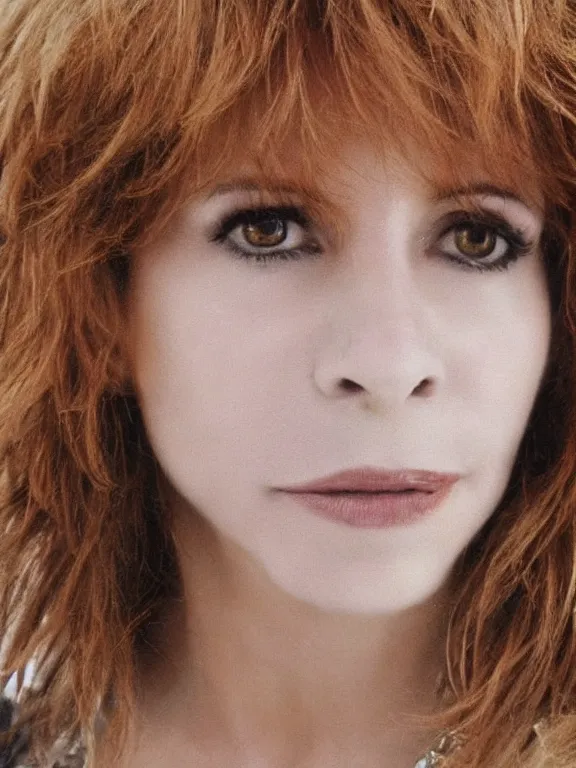 Image similar to close up picture of a beautiful mylene farmer, highly detailed, detailed face, smooth, sharp focus, fog, hd, pastel color