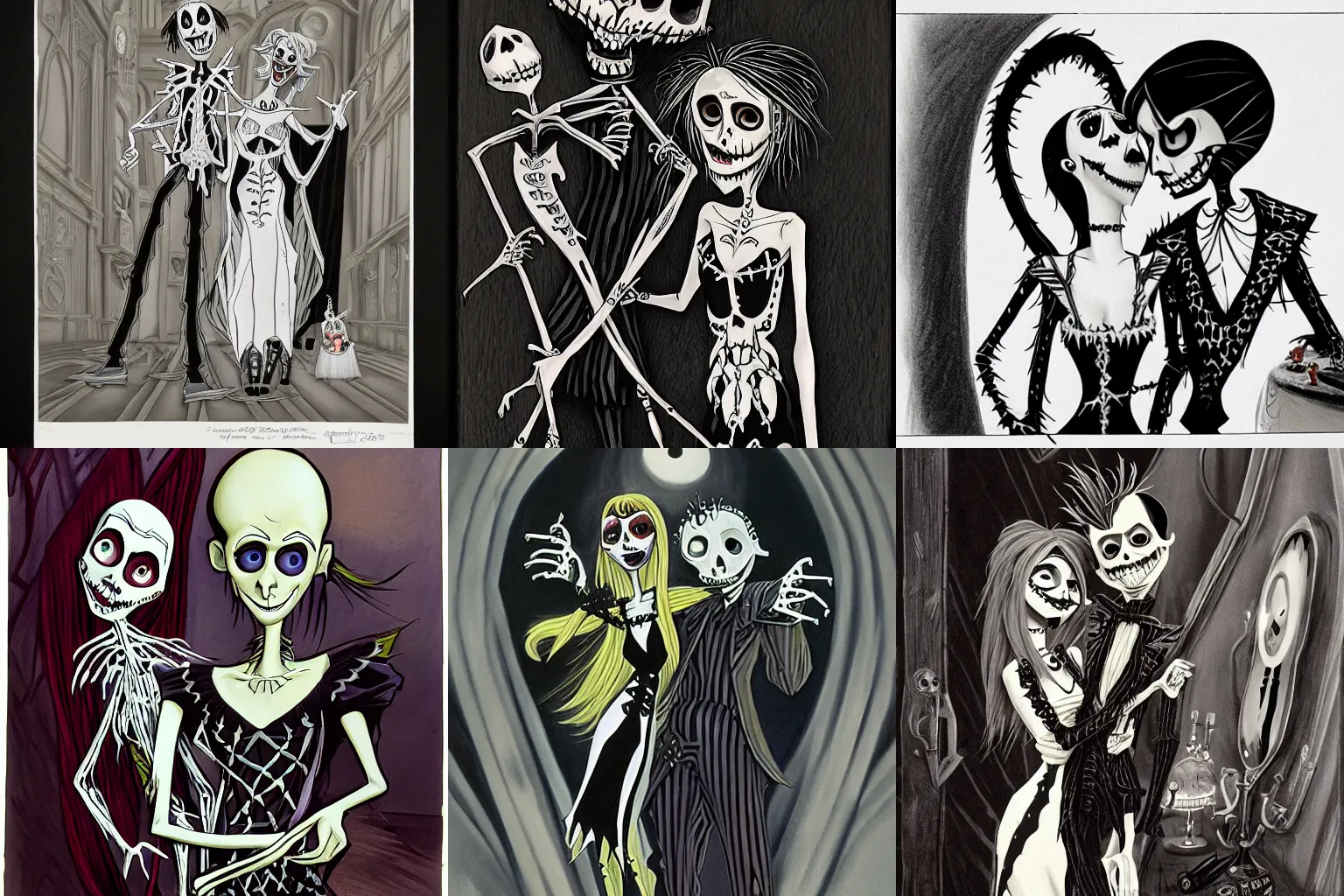 Prompt: gothic 'Jack and Sally' caricatures concept art by Ralph McQuarrie, f/2.8 35mm photography, kodak gold film