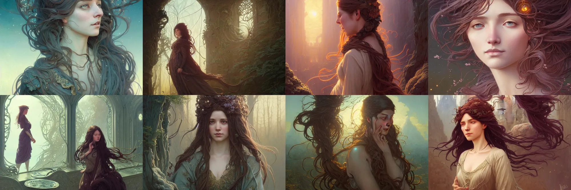 Image similar to highly detailed portrait of a woman with long hairs, stephen bliss, unreal engine, fantasy art by greg rutkowski, art nouveau, loish, rhads, ferdinand knab, makoto shinkai and lois van baarle, ilya kuvshinov, rossdraws, tom bagshaw, alphonse mucha, global illumination, radiant light, detailed and intricate environment