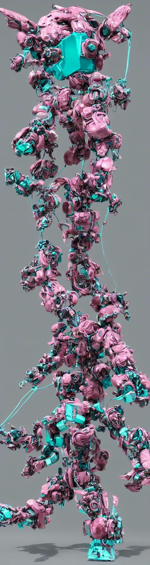 Prompt: epic 3 d abstract model, mecha made of flowers, 1 6 mm, silver and teal peanut butter melting into asymmetrical pink succulents and reaction diffusion, thick wires, houdini sidefx, pixiv trending, by jamie hewlett and hideo kojima