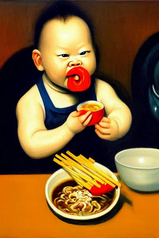 Image similar to evil human giant baby eating a huge bowl of ramen in new york city, traditional chinese restaurant, hauntingly surreal, highly detailed painting by francis bacon, edward hopper, adrian ghenie, gerhard richter, and james jean soft light 4 k,