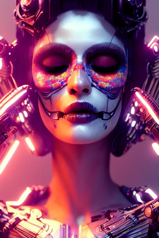 Prompt: beautiful android woman, eyes closed, photorealistic cinematic, 3 d model, cyborg, postcyberpunk, blade runner, octane render, volumetric light, concept art, vogue, 8 k, intricate detailed environment el dia los muertos. by terry oneill and artgerm and kuciara and mucha