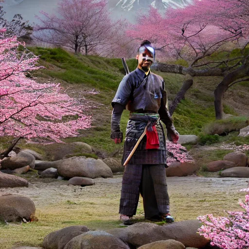 Prompt: highly detailed samurai with katana standing in ruined Japanese village, cherry blossom trees, mountains in background, epic, photorealistic, 8k octane render