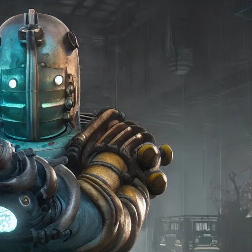 Prompt: isaac clarke as a bioshock big daddy, unreal engine 5, bioshock deadspace, high detail 3 d render,