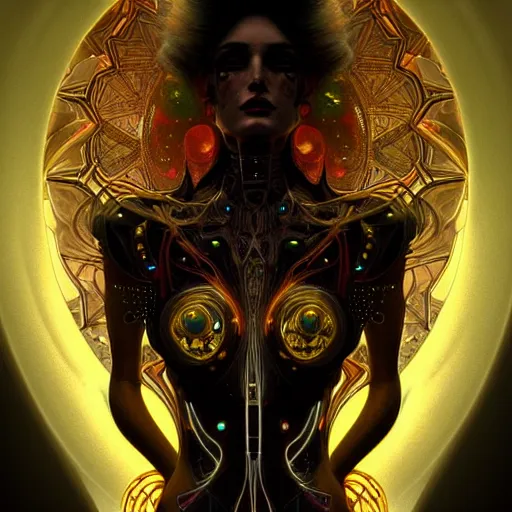 Image similar to extremely psychedelic beautiful cyborg goddess infected by night. intricate, elegant, highly detailed, extremely lifelike photorealistic digital painting, artstation. steichen, gaston bussiere, tom bagshaw, cyberpunk alphonse mucha. elegant minimalism. anatomically correct. sharp focus. gold, black accents. surreal lush cosmic hallucination