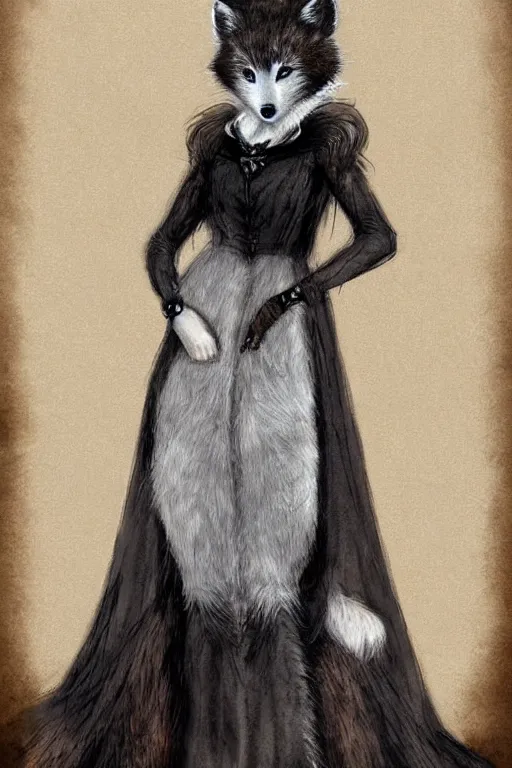 Prompt: full body digital painting of arctic fox wearing gothic edwardian dress, fursona, anthro, gothic, elegant, vintage, detailed white fur, long pointy ears