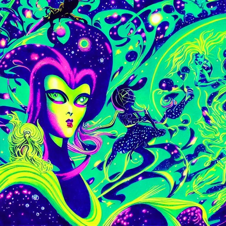 Image similar to cosmic maiden, medium close - up, infinite crystal ascent, bright neon colors, highly detailed, cinematic, eyvind earle, tim white, philippe druillet, roger dean, lisa frank, aubrey beardsley