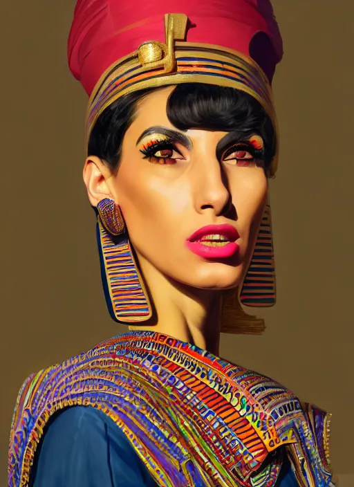 Prompt: portrait of an egyptian woman with a crooked nose and a confident expression, 1 9 6 0 s, colorful clothes, punk, funk, intricate, elegant, highly detailed, digital painting, artstation, concept art, smooth, sharp focus, illustration, art by wlop, mars ravelo and greg rutkowski