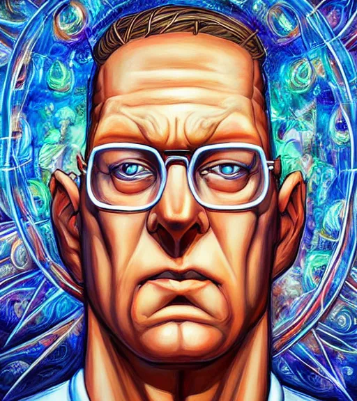 Image similar to symmetry, hank hill wearing a white tshirt, the god of propane's blue flames, blue fire, art by mike judge, art by josephine wall, art by amanda sage, art by huang guangjian, art by viktoria gavrilenko, trending on artstation,