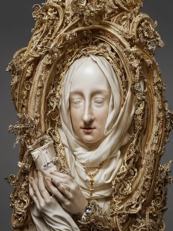 Image similar to a beautiful portrait render of two baroque catholic veiled queen sculpture with symmetry intricate detailed ,heart,pray,love,crystal-embellished,by Daveed Benito,LEdmund Leighton,Virginie Ropars,peter gric,aaron horkey,Billelis,trending on pinterest,hyperreal,gold,silver,ivory,maximalist,glittering,golden ratio,cinematic lighting