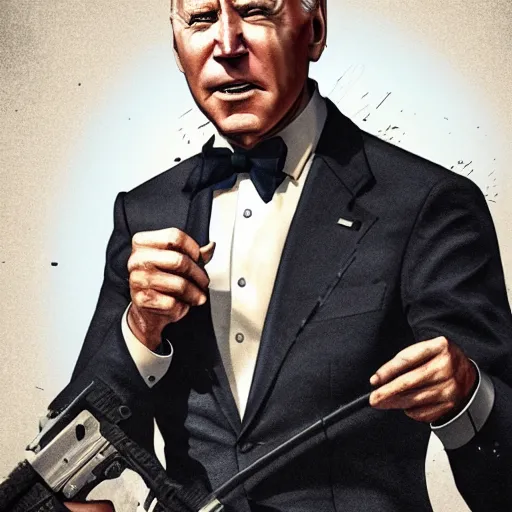 Image similar to joe biden as james bond, hyper realistic, amazing detail digital art, cgsociety, artstation