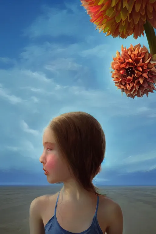 Image similar to closeup girl with huge dahlia flower head, portrait on beach, surreal photography, blue sky, sunrise, dramatic light, impressionist painting, digital painting, artstation, simon stalenhag