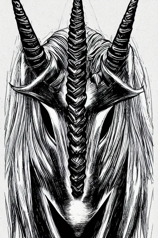 Image similar to evil unicorn, symmetrical, highly detailed, digital art, sharp focus, trending on art station, kentaro miura manga art style