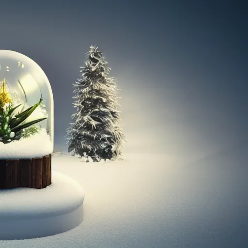 Image similar to Snow globe, candles, Gustav Klutsis, octane render, Fallout, Pietro Fragiacomo, Legend of Zelda, mist, snow, pine tree, Aloe vera, swamp, dollar bill, shed