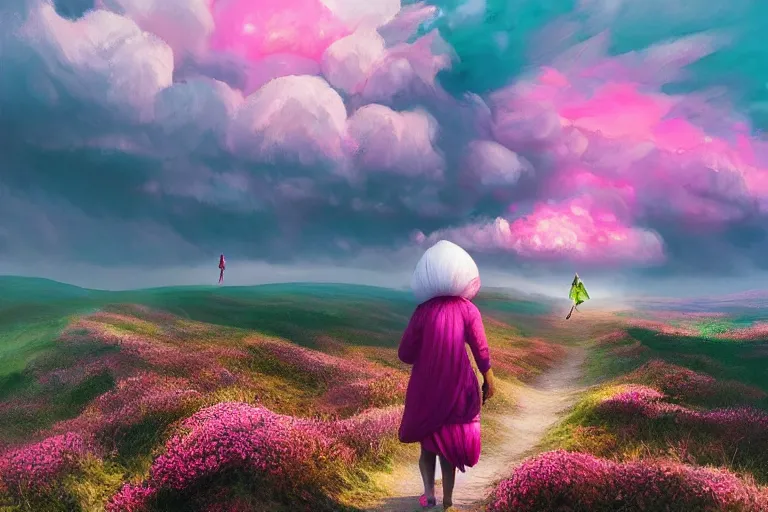 Image similar to giant dahlia flower, on head, girl walking on mountain, surreal photography, pink storm clouds, dramatic light, impressionist painting, digital painting, artstation, simon stalenhag