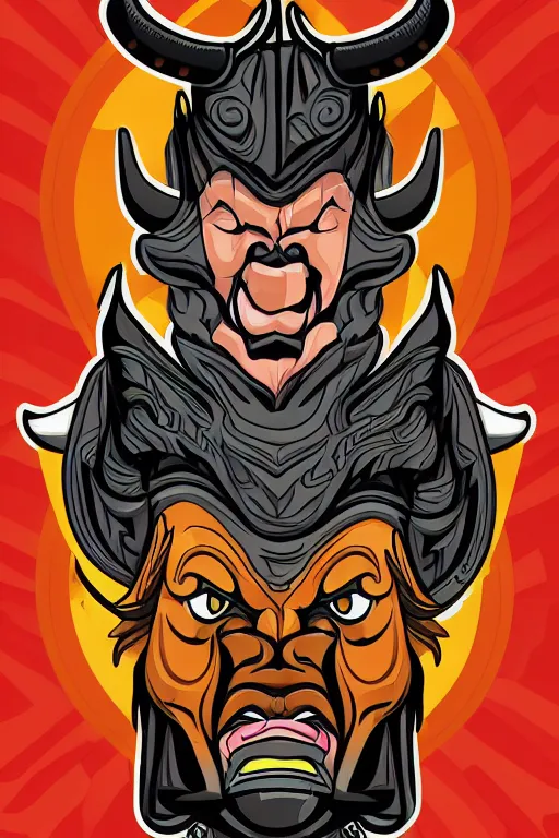 Image similar to A portrait of a bull as evil warlord general, sticker, Anthropomorphized, portrait, highly detailed, colorful, illustration, smooth and clean vector curves, no jagged lines, vector art, smooth