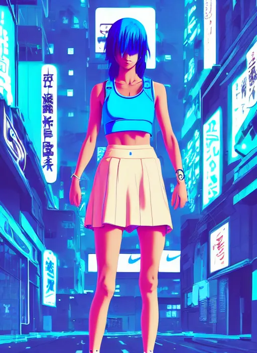 Prompt: digital illustration of cyberpunk pretty girl with blue hair, wearing a crop top and a skirt, wearing nike air mags, full body pose, in city street at night, by makoto shinkai, ilya kuvshinov, lois van baarle, rossdraws, basquiat