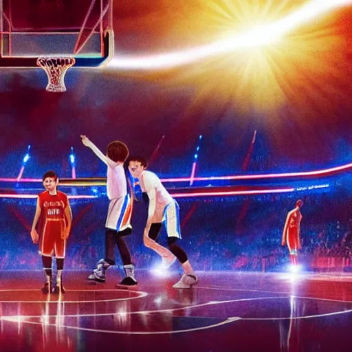 Image similar to eleven from stranger things playing basketball and making a shot in an nba stadium , close up shot, wide angle, lens flares