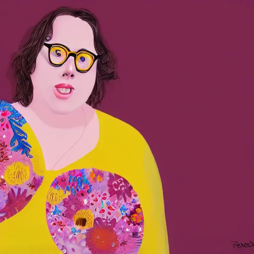 Prompt: colorful and festive cute young plus size todd solondz with tan skin, clear sharp todd solondz face, wearing yellow floral blouse. full body, rich vivid pastel colors, ambient lighting, dynamic lighting, 4 k, atmospheric lighting, painted, intricate, highly detailed by francis bacon and charlie bowater