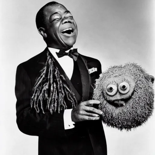 Image similar to louis armstrong winking and holding a giant hairy spider, professional photograph