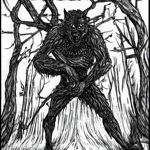 Image similar to a chained man slowly turning into a werewolf at a dusky forest, in the elden ring style