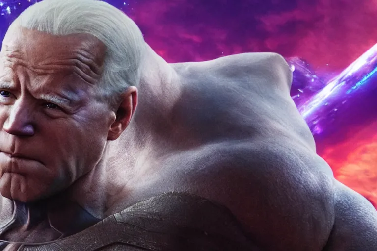 Image similar to promotional image of a bald Joe Biden as Thanos in Avengers: Endgame (2019), dynamic action shot, movie still frame, promotional image, imax 70 mm footage
