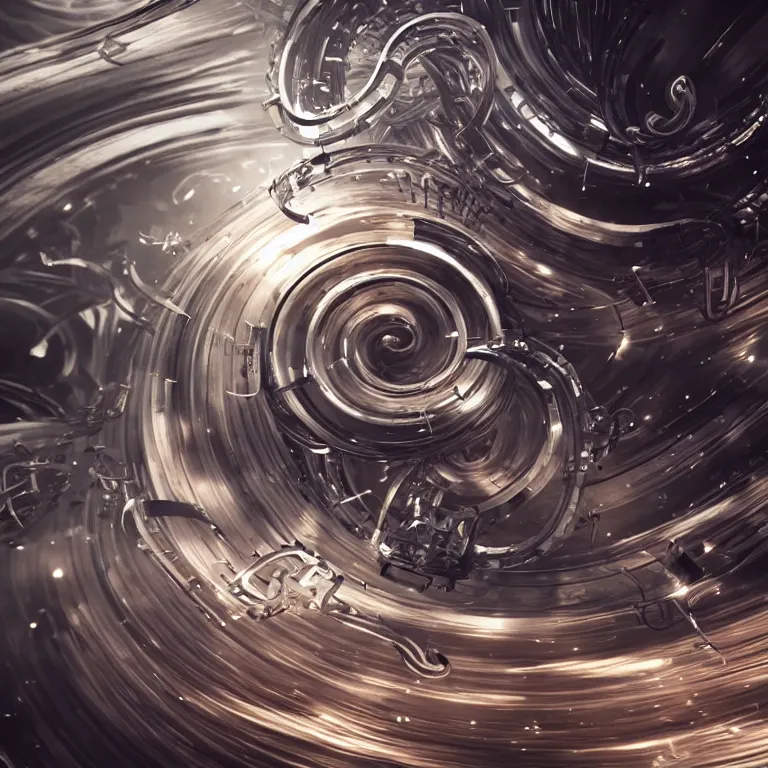 Image similar to swirling abstract cyborg parts and ornate flowing smoke streams and smooth particle effects surround a small metallic spiral, cinematic, unreal engine