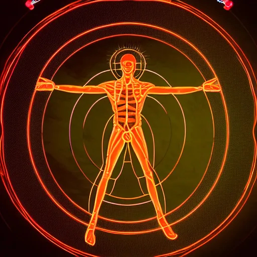 Prompt: vitruvian man, portrait, vaporwave, synthwave, neon, vector graphics, cinematic, volumetric lighting, f 8 aperture, cinematic eastman 5 3 8 4 film