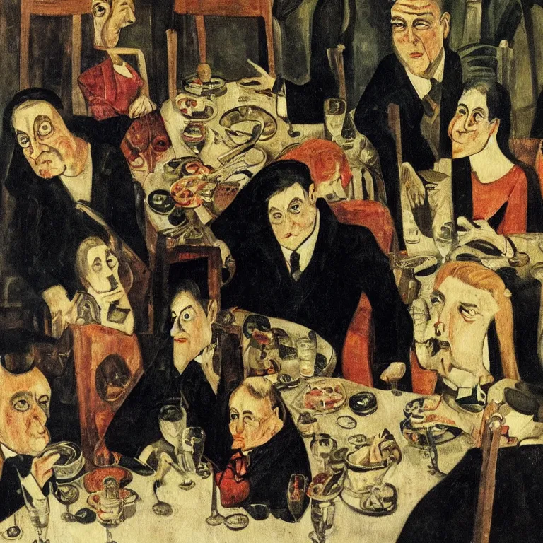 Image similar to Unhappy family gathered at the dinner. Painting by Otto Dix