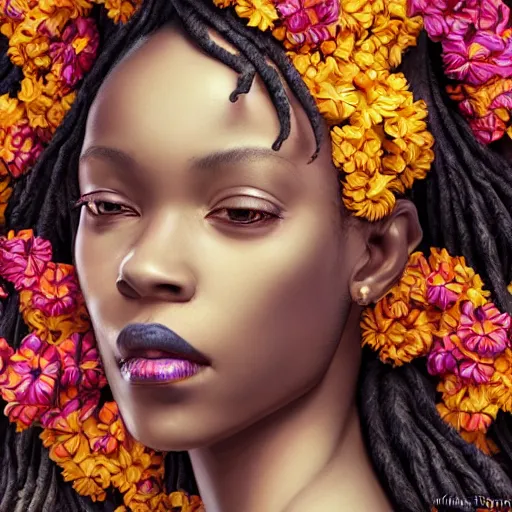 Image similar to the portrait of an absurdly beautiful, graceful, elegant young black woman made of bananas and petals looking up, an ultrafine detailed illustration by kim jung gi, irakli nadar, intricate linework, bright colors, octopath traveler, final fantasy, angular, unreal engine 5 highly rendered, global illumination, radiant light, detailed and intricate environment