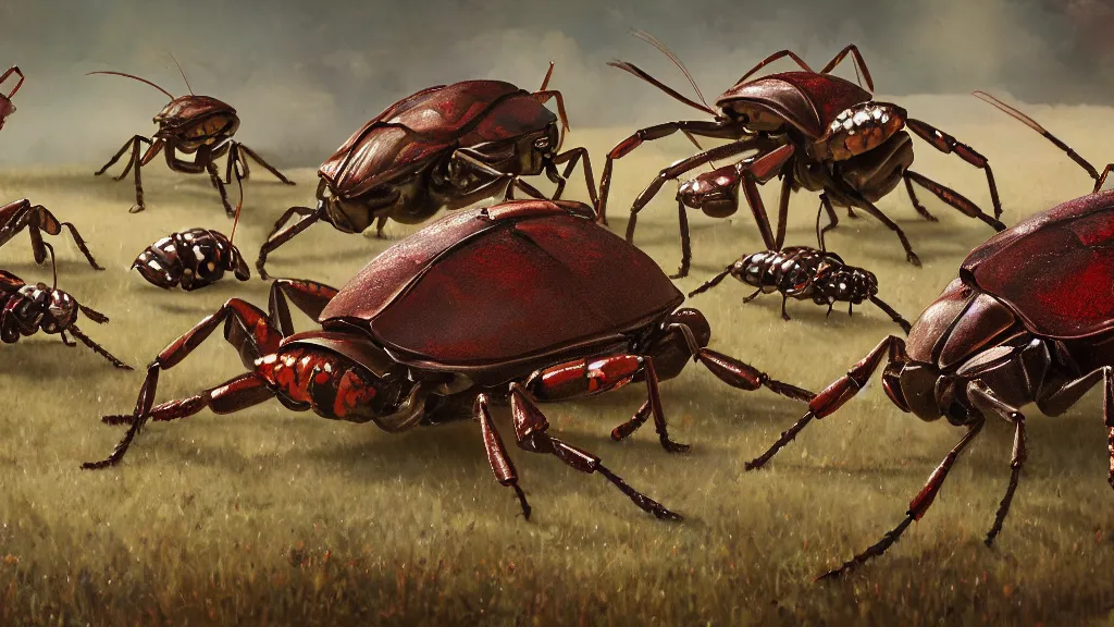 Image similar to cinematic painting of an army of giant bugs